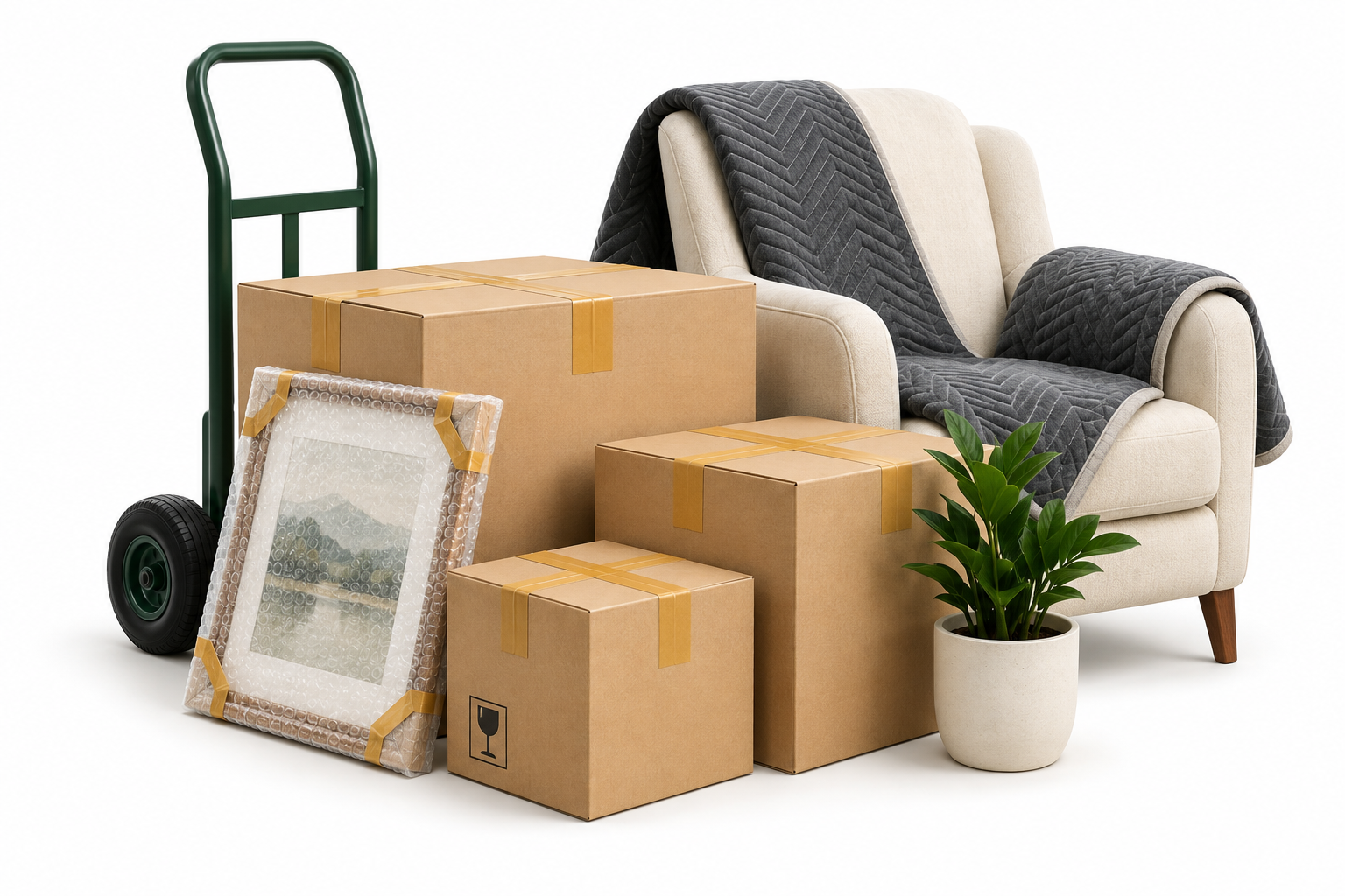 Moving boxes, protected furniture and a packing trolley ready for a household move